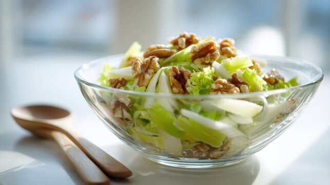 green salad in a glass bowl, topped with whole walnuts and celery, set on a bright white table. This image highlights nutritious, clean eating, vegetarian food, and organic, natural ingredients.