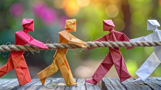 Conceptual image of people holding hands in a line pulling a rope, symbolizing unity and teamwork in nature