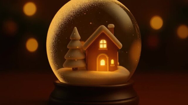 Cozy miniature house and pine tree inside glowing snow globe with falling snow creating warm festive winter scene featuring holiday ornament glass sphere and pine tree winter atmosphere
