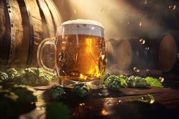 Chilled beer served in a glass, complete with bubbles, alongside barrels in the background