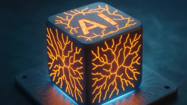 AI technology cube glowing with electric circuit patterns and futuristic digital innovation, electronic device energy flow, glowing lines microchip data processing, modern technology symbol power