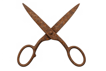 Rusty old metal scissors with open blades, vintage cutting tool showing corrosion, isolated with transparent background