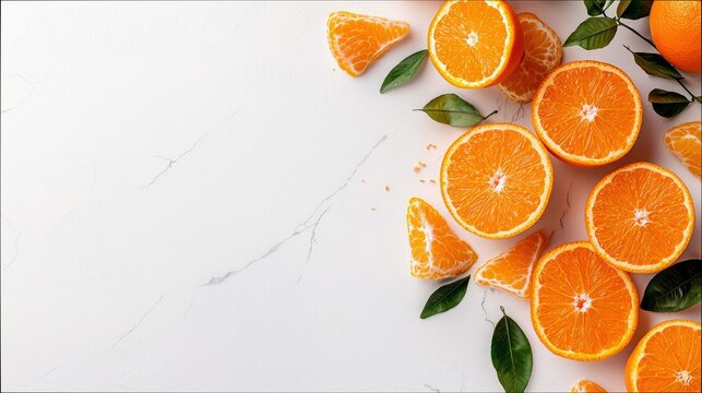 Overhead shot of fresh orange slices and green leaves artfully arranged on a white marble surface. The vibrant orange contrasts with the white background. - Powered by Adobe