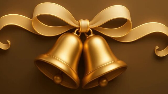 Golden bell decoration with festive ribbon bow and shiny metallic ornament, elegant holiday celebration accessory featuring warm brown background and smooth texture for joyful ornamentation