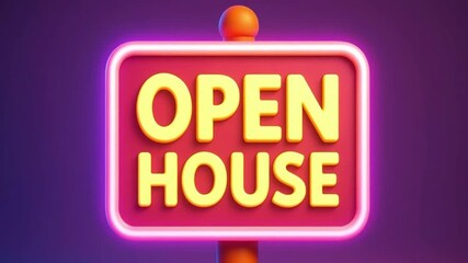 Open house sign with bright yellow letters and glowing pink neon border on purple background, bright invitation welcome design featuring glowing pink and yellow neon sign for open house event