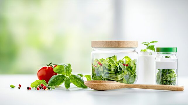 A still life image featuring fresh salad ingredients, including tomatoes, basil, and salad greens, arranged on a white table with a blurred green background, il