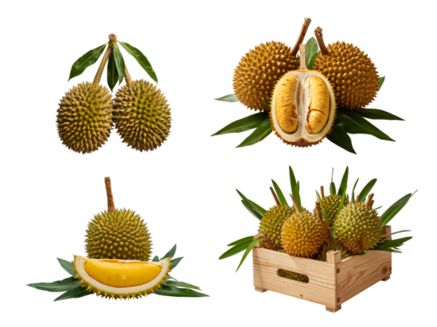 Ripe durian fruit isolated on transparent background