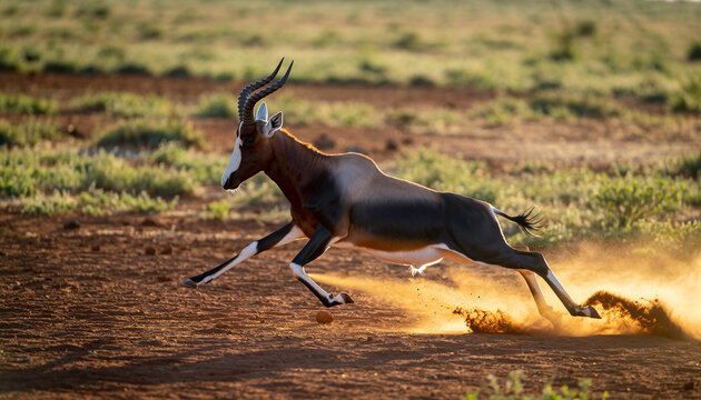 A powerful blesbok antelope gallops at full speed kicking up dust.
