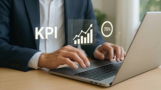KPI concept with business typing laptop keyboard showing growth chart and progress circle 75 percent office environment focusing hands, productivity, performance analysis, and technology advancement - Powered by Adobe