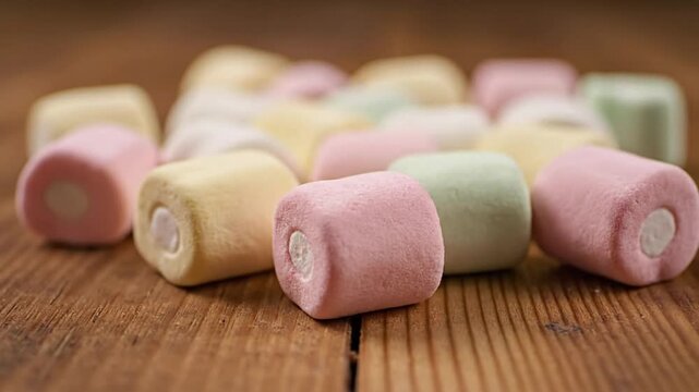 Close up of soft colorful marshmallows scattered on a rustic wooden table