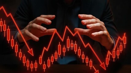Stock market chart financial graph red candlestick showing downward trend business risk economic decline investment loss market volatility financial crisis analysis hands gesture concern control - Powered by Adobe