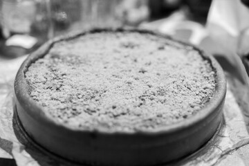 Sweet homemade sugar cake in black and white
