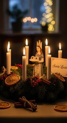 Obraz premium Lucia feast honoring Saint, warm glowing white candles illuminate a fresh evergreen wreath, figurine wearing a crown of light holds sweet saffron buns, traditional winter holiday.