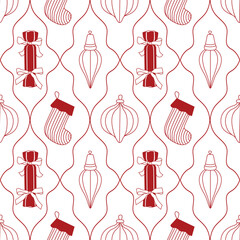 Hand-drawn Christmas seamless pattern with ornaments and gift and stockings in red color