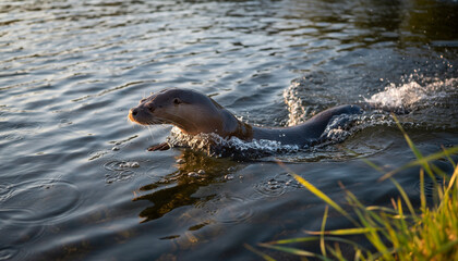 Obraz premium A wild European otter swimming gracefully in a river at sunset.