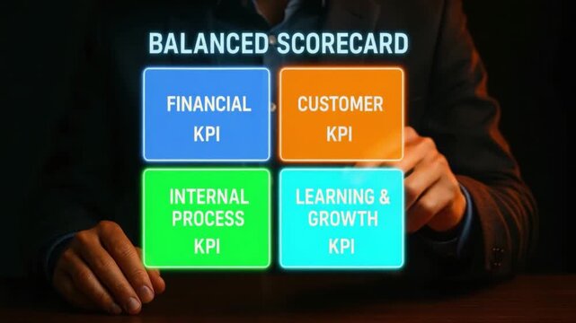 Balanced scorecard concept featuring financial KPI, customer KPI, internal process, and learning growth key performance indicator highlighted colorful virtual screen for business strategy