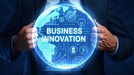Business innovation concept showcasing glowing digital globe and with futuristic technology, finance, and growth ideas driving global success for businessman in digital business environment - Powered by Adobe