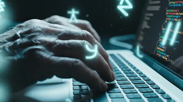 Close Up of Elderly Hands Typing on Laptop with Holographic Symbols