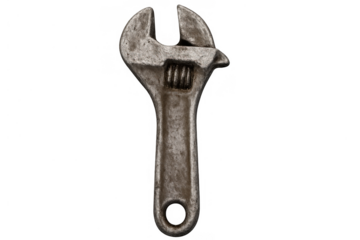 Old metal adjustable spanner used for repair, plumbing, and mechanical service. Hand tool on transparent background