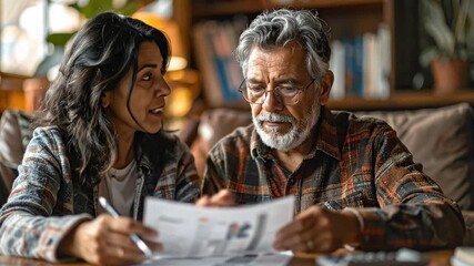 Couple reviewing financial documents together, discussing bills and managing finances at home with concern - Powered by Adobe