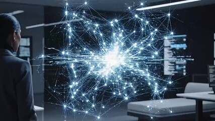 Futuristic Businesswoman Analyzing Complex Digital Neural Network Hologram in High-Tech Office - Powered by Adobe