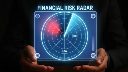 Financial risk radar with glowing digital circular interface held by hands showing low to high risk levels on futuristic screen display symbolizing advanced financial technology monitoring - Powered by Adobe