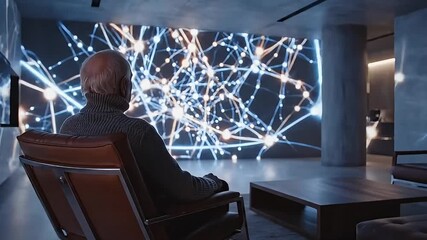 Senior man watching futuristic neural network data interface in modern smart home - Powered by Adobe