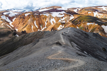 Iceland Travel - Trail from the top of Bl&aacute;hnj&uacute;kur mountain of Scenic Landmannalaugar Fjallabak Nature Reserve.
