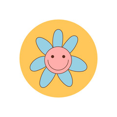 Groovy y2k sticker shows a cute happy cartoon flower and smiley. Bright yellow and blue colors give retro, groovy element style. Perfect for package seal or box label, adds cheerful vintage pop.