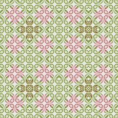 Seamless floral geometric pattern in red and green with white background. 