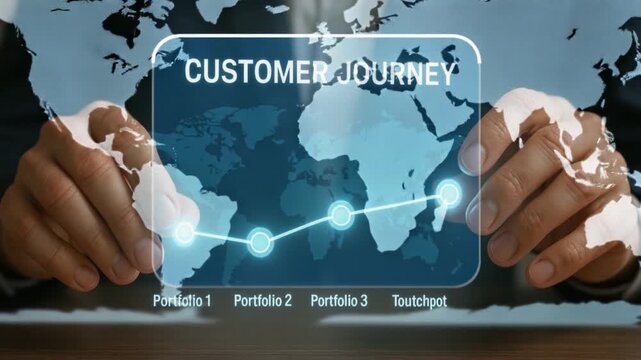 Customer journey concept showcasing hands interacting with digital screen and transparent interface displaying portfolio stages and touchpoint world map, visualizing business strategy digital world