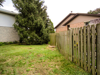View of a crooked fence curving around a cut tree stump