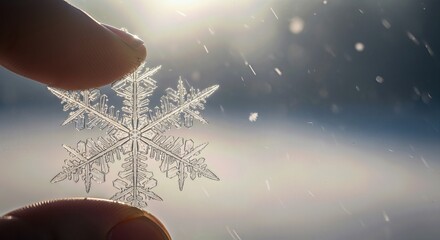 Delicate crystalline snowflake held gently by fingers, sparkling brightly in crisp winter sunlight, revealing unique intricate frosty patterns on a serene snowy day.
