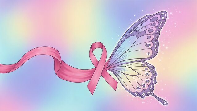 Pink ribbon butterfly illustration in pastel colors, soft dreamy style, symbol of breast cancer awareness