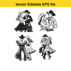 collection of four black and white vector illustrations depicting couples in cowboy and cowgirl attire dancing together in various poses, isolated on white background