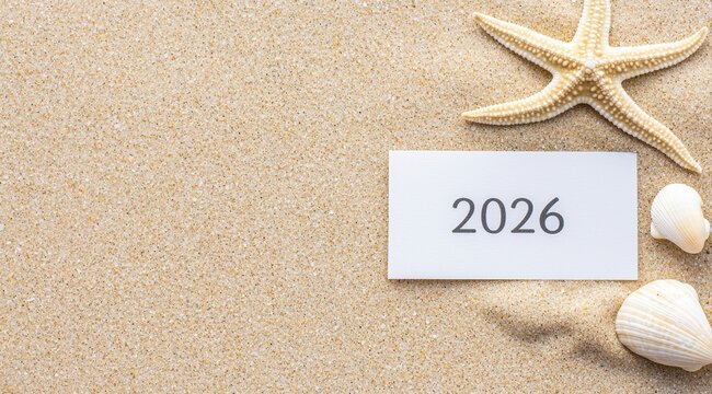 Sand beach presenting 2026 year on a white card, decorated with a starfish and seashells, offering copy space - Powered by Adobe