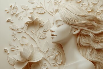 Elegant plaster carving featuring floral motifs and shadows, Sculptural artwork of tranquil female figure complemented by detailed botanical patterns and shading techniques