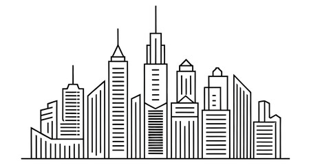 Fototapeta premium A stylized outline of a city skyline composed of various modern skyscrapers and buildings.