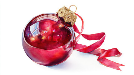 Shiny red christmas ornament with a festive ribbon, reflecting light, isolated on white background