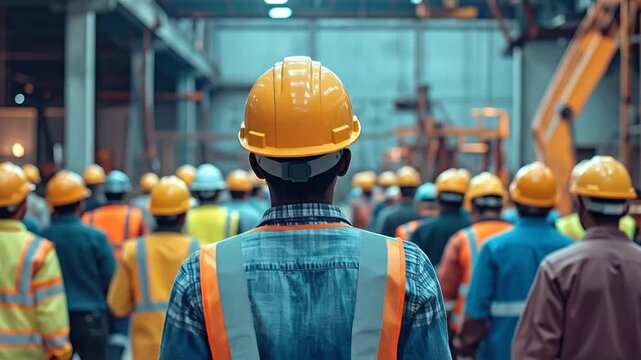 Rear View of a Group of Construction Workers in a Manufacturing or Industrial Setting with Safety Helmets