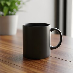 Dark ceramic coffee mug with handle resting on a textured wooden table surface