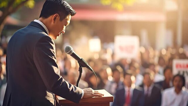Confident Asian man delivers an impactful speech from a podium, addressing a diverse audience at a vibrant outdoor public event with warm light