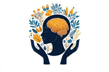 Nurturing mind silhouette with floral hands holding golden brain surrounded by blooming leaves, warm palette, calm supportive atmosphere, symbolic selfcare and therapeutic growth