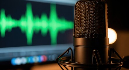 Professional studio microphone with green digital audio waveform on monitor background for podcast recording