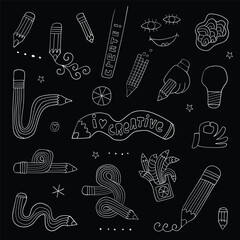 Pencils collection for kids paint education , hand drawn doodles art tools isolated vector elements