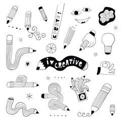 Pencils collection for kids paint education , hand drawn doodles art tools isolated vector elements