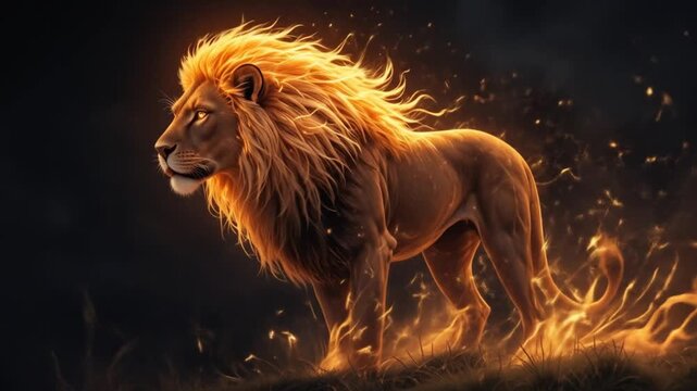 Majestic Lion with Glowing Mane and Energetic Footprints on Dark Background. 4k video