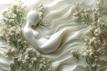 Fototapeta premium Soft monochrome art illustrating peaceful reclining figure among blooms, Tranquil artwork depicting figure with flowing hair amid delicate floral and wave elements