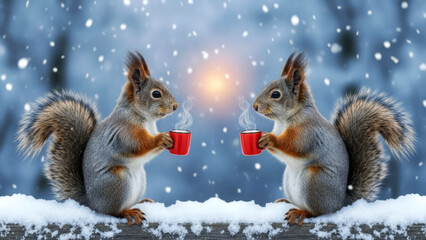 Obraz premium Two cheerful squirrels sit on a snowy tree trunk, facing each other and sipping steaming red coffee cups in a cozy, festive winter moment.