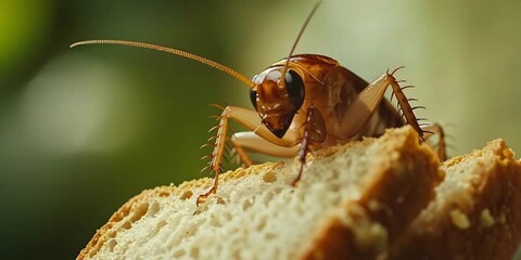 Macro shot of a cockroach sitting on a piece of bread. Detailed texture of the insect and crust on a blurred green background. Concept of contamination and unsanitary conditions